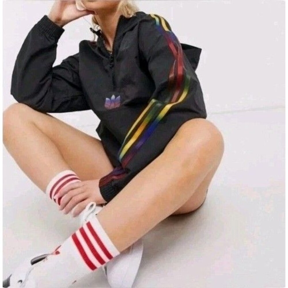 ADIDAS x Pride Black Rainbow Windbreaker Pullover Womens Sz L Long Sleeve Crop